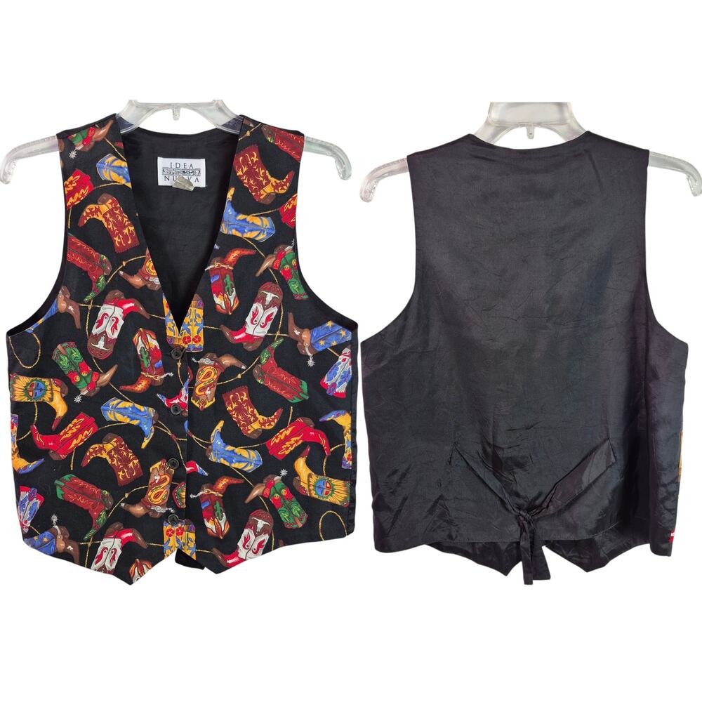 IDEA NUOVA Cowboy Boots Western Black Red Blue Button Up Vintage Vest M L